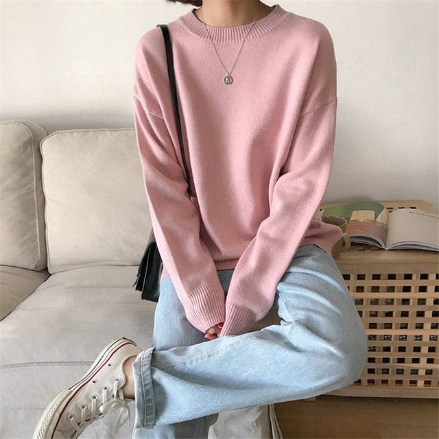 BGTEEVER Basic O-neck Knitted Jumpers for Women Sweater Casual Loose Long Sleeve Winter Sweater Female Pullovers Streetwear