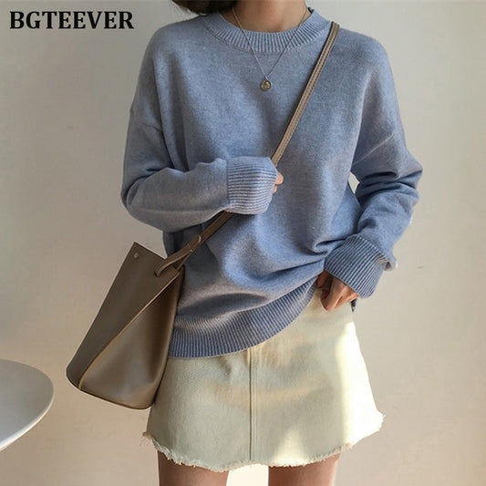 BGTEEVER Basic O-neck Knitted Jumpers for Women Sweater Casual Loose Long Sleeve Winter Sweater Female Pullovers Streetwear